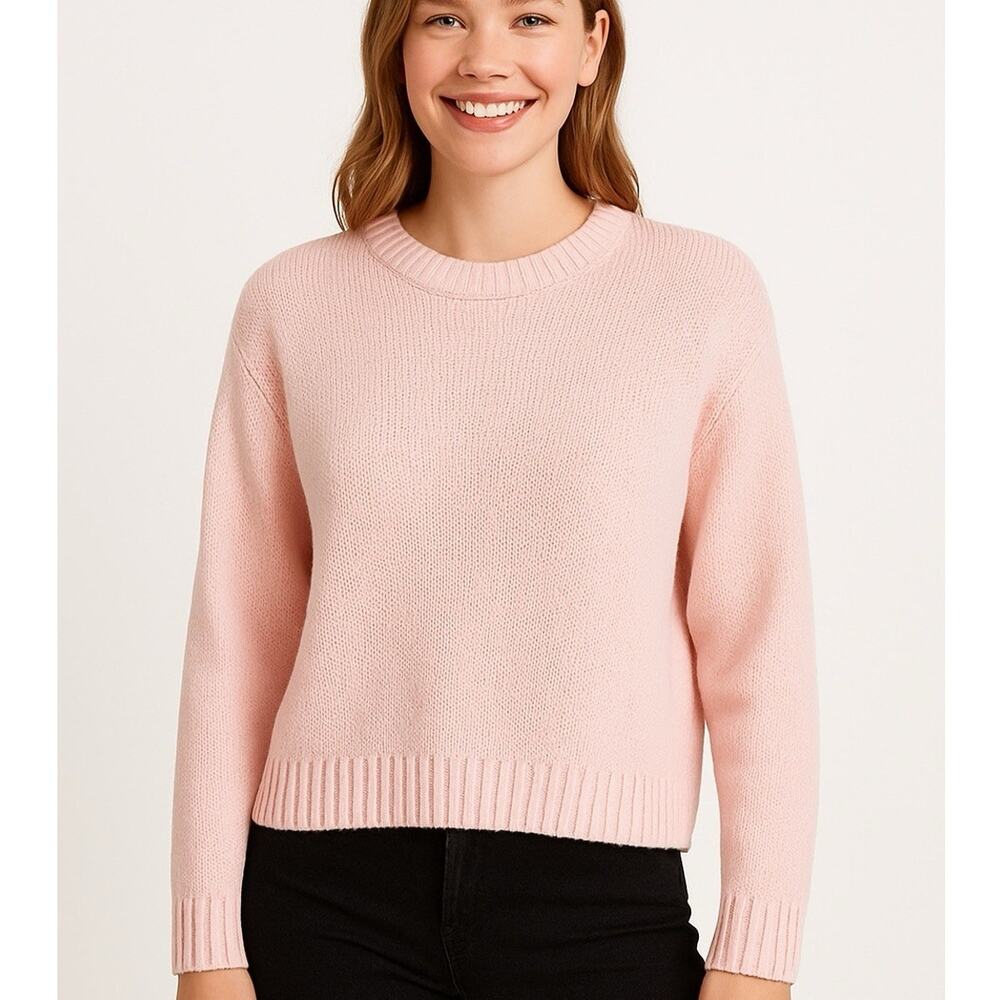 H&M Light Pink Long-Sleeved Sweater in Rib-Knit Cotton with V-Neck Womens Size L